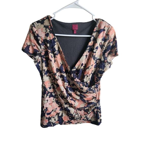 212 Collection Womens Sz M Faux Wrap Short Sleeve Blouse Blue Pink Floral - Picture 1 of 3